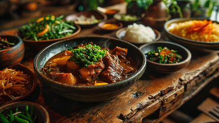 meat curry in bowl with rise