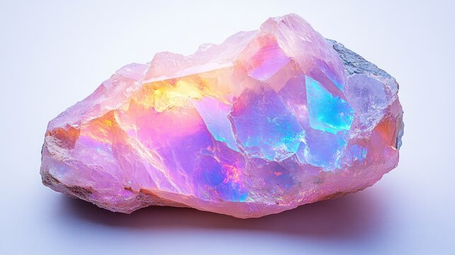Iridescent pink opal gemstone, rough, natural.