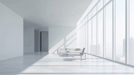 Fototapeta premium Modern Minimalist White Apartment Living Room with City View Interior 3D Render