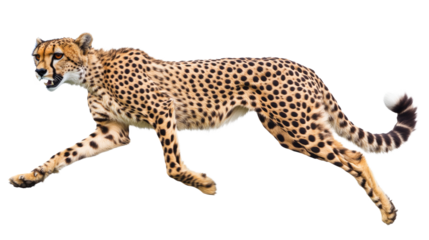 Cheetah in Motion: A powerful cheetah, its spotted coat gleaming, runs at full speed, showcasing its incredible agility and grace. The image is sharp and detailed.