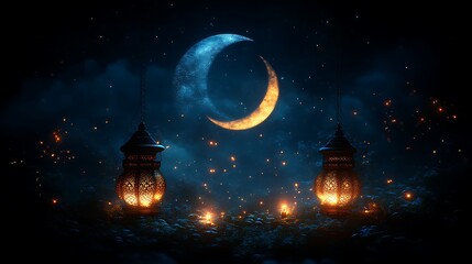 Naklejka premium Illuminated Lanterns Underneath a Crescent Moon at Night