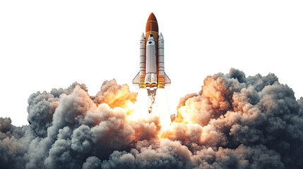 Obraz premium Rocket Launch: A powerful rocket blasts off, leaving a trail of smoke and fire as it ascends into the sky. This dynamic image symbolizes ambition, innovation, and the pursuit of new frontiers.