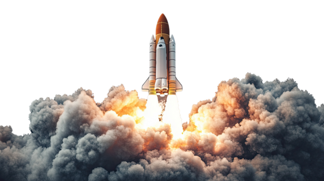 Rocket Launch: A powerful rocket blasts off, leaving a trail of smoke and fire as it ascends into the sky. This dynamic image symbolizes ambition, innovation, and the pursuit of new frontiers.