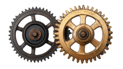 Interlocking Gears: Two contrasting metal gears, one aged and one gold, mesh flawlessly, symbolizing cooperation, collaboration, and interconnectedness.