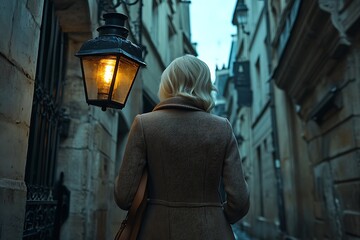 Obraz premium Blonde girl in a black dress with a lantern in the city