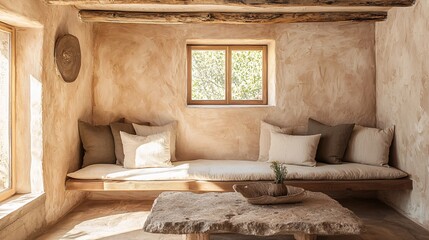 Serene Rustic Interior Design Cozy Window Seat Sunlight Interior 3D Render