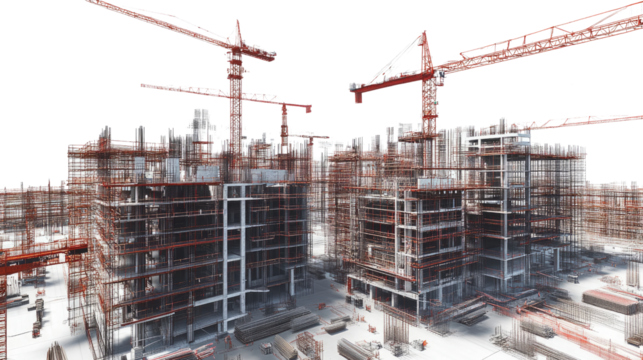 Construction Site: Steel structures of high-rise buildings under construction, surrounded by multiple construction cranes against a bright sky.