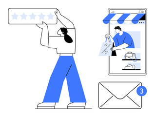 Person holding a five-star rating, online shopper looking at products in mobile storefront, envelope with notification. Ideal for e-commerce, customer satisfaction, mobile apps, digital marketing