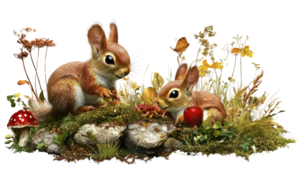 A Bunnies' Delight: Two adorable brown bunnies, with big eyes and fluffy tails, hop playfully amongst a vibrant field of wildflowers, a red mushroom and a fluttering butterfly.