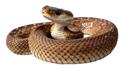 Fototapeta premium Brown Tree Snake Close Up: A detailed close-up of a brown tree snake coiled, showcasing its intricate scales and captivating gaze. The snake's posture conveys a sense of alertness and quiet strength.