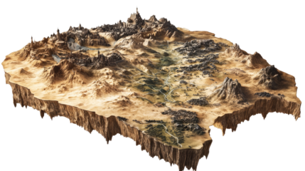 Floating Island Terrain: A 3D render of a fantastical floating island, showcasing a diverse landscape of rugged mountains, verdant valleys, and a winding river.