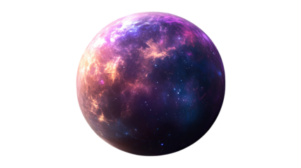 Cosmic Nebula Planet: A vibrant, swirling nebula planet, bursting with colors of purple, pink, and gold, creating a mesmerizing celestial sphere. 