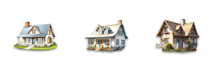 Fototapeta premium Three houses isolated on a transparent background, showcasing distinct designs