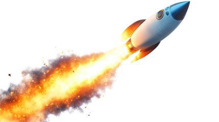 Rocket Launch: A powerful rocket blasts off, leaving a fiery trail of smoke and flames in its wake. A dynamic image symbolizing innovation, speed, and ambition. 