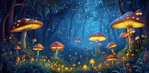 Glowing Mushrooms Illuminate A Magical Forest Night