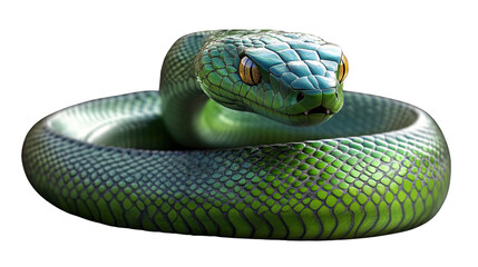 Fototapeta premium Emerald Tree Boa Close-Up: A mesmerizing emerald tree boa, coiled elegantly, its scales shimmering with an iridescent green and blue hue, stares intently at the viewer.