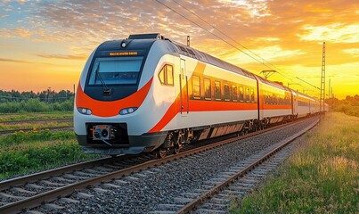 Naklejka premium Modern train on railway at sunset