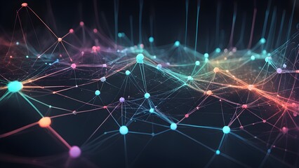 Fototapeta premium Abstract digital network of interconnected glowing nodes and lines in vibrant pink, teal, and orange hues on a dark background.