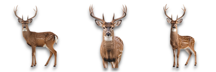 Three deer on transparent background, isolated wildlife figures