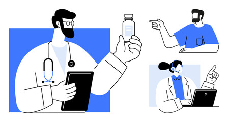 Three medical professionals engage with technology and medicine, holding a tablet, pointing, and working on a laptop. Ideal for healthcare, teamwork, technology, consultation, virtual meetings