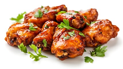 A plate of delicious-looking, bite-sized chicken pieces glazed in a red sauce, garnished with fresh cilantro and lime wedges