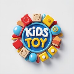 Fototapeta premium Colorful children's toy logo, wooden blocks, geometric shapes, bright primary colors, circular design, playful typography, educational toys, 3D rendering, clean white background.