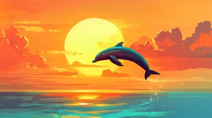 Dolphin Leaping at Sunset Over Ocean Waves
