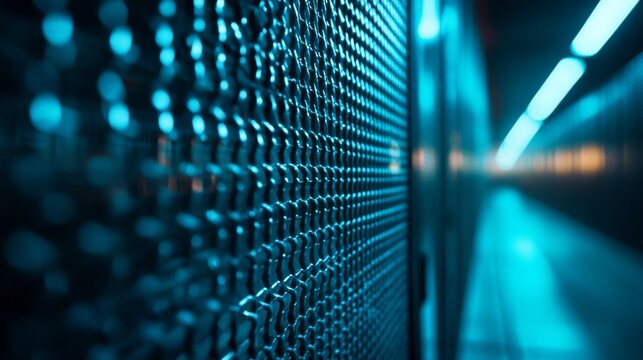 Blue Lit Metal Mesh Grid In A Server Room