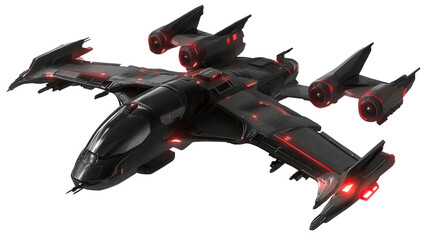 Stealth Fighter Jet: Futuristic black stealth fighter jet with red glowing engines and intricate details, isolated on a background. The aircraft exhibits sleek design and advanced technology.