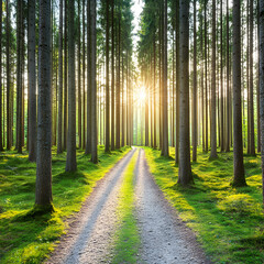 Obraz premium Forest Path Sunrise Landscape Photo