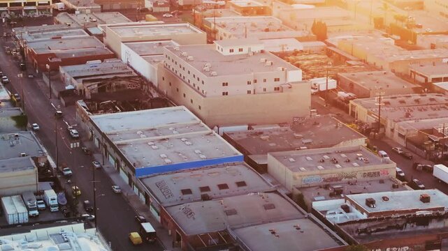 Aerial view of the Skid Row neighborhood in the downtown of Los Angeles city at sunset, USA