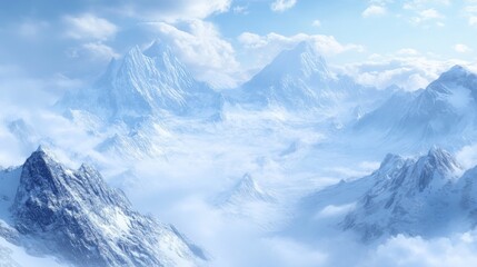 Fototapeta premium winter alpine landscape, vast mountain panorama, snow-covered summits, gentle cloud layers, crystal clear winter sky, majestic peak formations, natural mountain ridges, pure white snowscape, serene