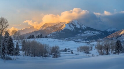 Obraz premium panoramic winter peaks, pristine mountain range, ethereal cloud formations, alpine snow cover, bright winter horizon, dramatic mountain silhouettes, natural winter terrain, soft cloud valleys, serene