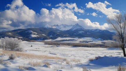 panoramic winter peaks, pristine mountain range, ethereal cloud formations, alpine snow cover, bright winter horizon, dramatic mountain silhouettes, natural winter terrain, soft cloud valleys, serene