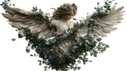 Angelic Embrace: A celestial being with delicate wings and flowing hair,  adorned with  a crown of leaves,  embodies grace and purity in a captivating ethereal image.