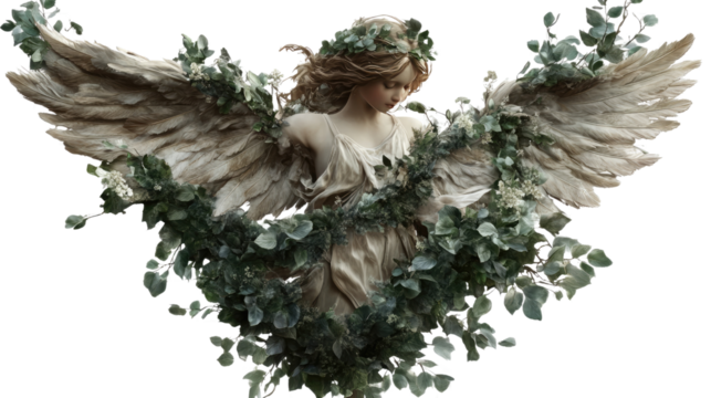 Angelic Embrace: A celestial being with delicate wings and flowing hair,  adorned with  a crown of leaves,  embodies grace and purity in a captivating ethereal image.