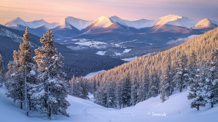 Snow-blanketed alpine peaks at first light, winding valley between mountains, ethereal morning atmosphere, scattered conifers dotting slopes, crisp winter landscape, serene mountain photography,
