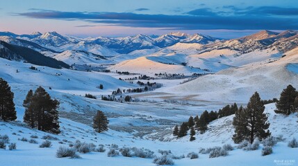 Snow-blanketed alpine peaks at first light, winding valley between mountains, ethereal morning atmosphere, scattered conifers dotting slopes, crisp winter landscape, serene mountain photography,
