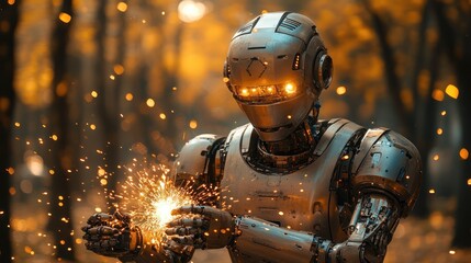 Fototapeta premium Futuristic robot in forest, holding glowing sparks, bokeh background.