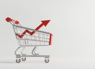 3D-rendered shopping cart with an upward graph and red arrow on white.