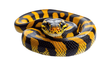 Obraz premium Striking Yellow and Black Python: A mesmerizing close-up of a coiled python, showcasing its vibrant yellow and black patterned scales. The snake's intense gaze adds a captivating element to the image.