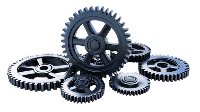 Interlocking Gears of Industry: A cluster of intricate metal gears interlock, their smooth surfaces glistening in the light.