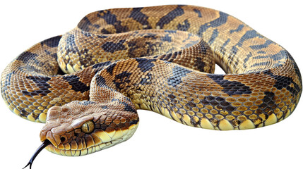 Obraz premium Serpentine Majesty: A detailed close-up of a striking snake, showcasing its intricate patterns and scales. Its forked tongue flickers, hinting at its alertness and predatory nature.