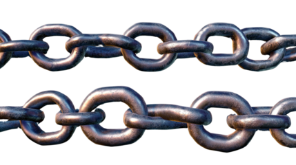 Steel Chain Links: Close-up of two parallel heavy-duty steel chains, showcasing the interconnected links and metallic texture.  The image is ideal for concepts of strength, connection, and security.