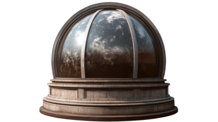 Observatory Dome: A majestic, classic-style observatory dome, rendered in exquisite detail, reflects a partly cloudy sky. The aged bronze framing and stone base enhance its timeless elegance. 
