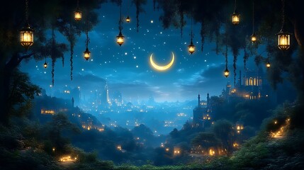 Obraz premium Enchanting Night Scene With Lanterns and a Crescent Moon