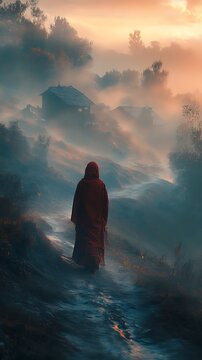 Mysterious woman in a red cloak walks on the foggy hill.