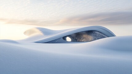 Winter showcase platform, sculptural ice environment, pristine snow formations, natural white backdrop, gentle environmental lighting, smooth snow textures, minimalist glacial scene, organic winter