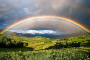 Naklejka premium Rainbow over the meadow in the mountains. Beautiful summer landscape