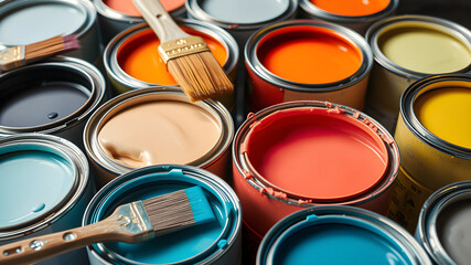 Fototapeta premium A vibrant scene of creativity with colorful paint cans and paintbrushes 